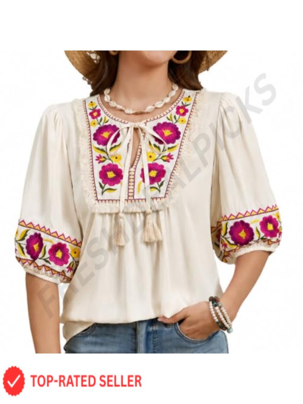 Boho Floral Embroidered Puff Sleeve Peasant Tunic Top Women's